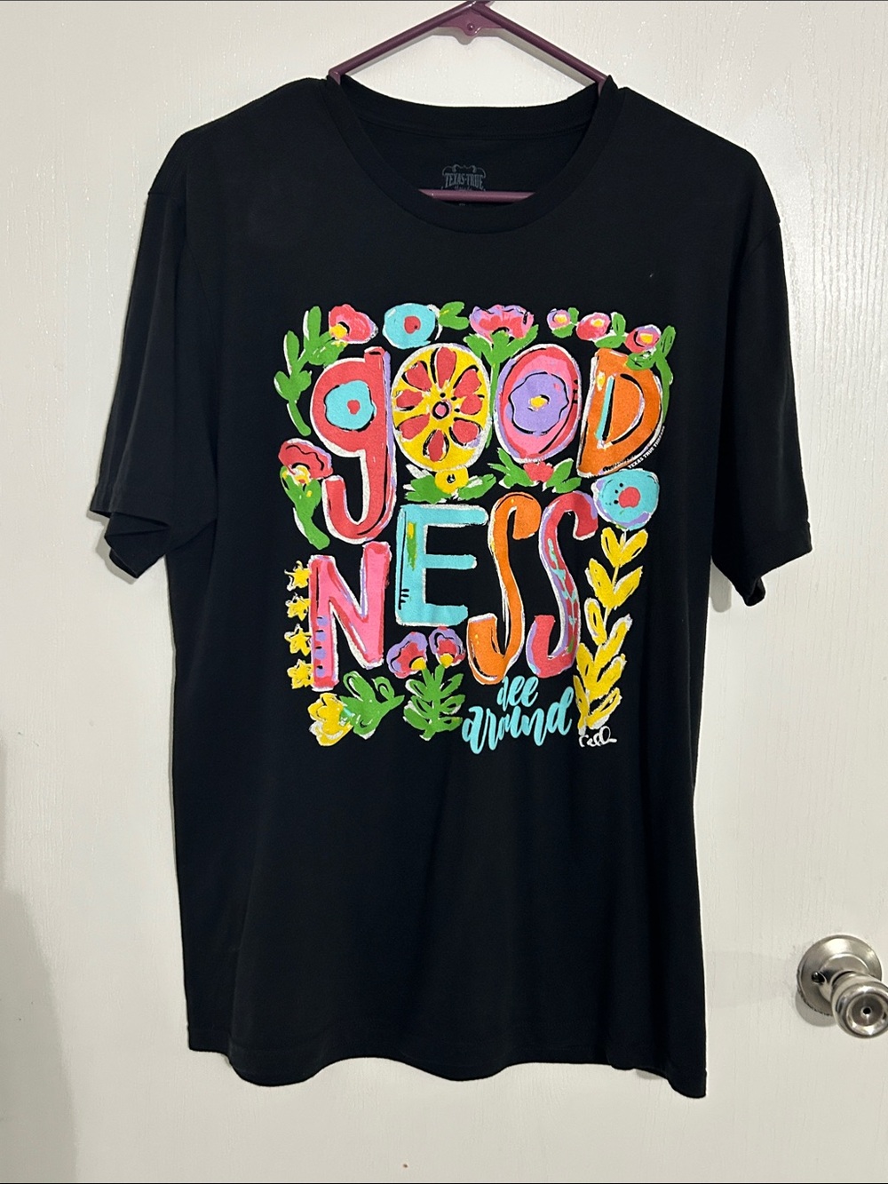 Goodness Tee - Black with Colorful Floral Lettering